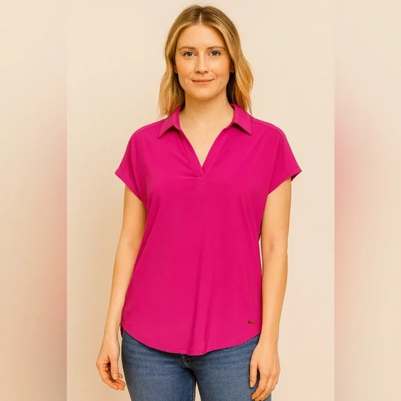 Jones New York Magenta Collared Blouse Short Sleeve V-Notch - Picture 1 of 3